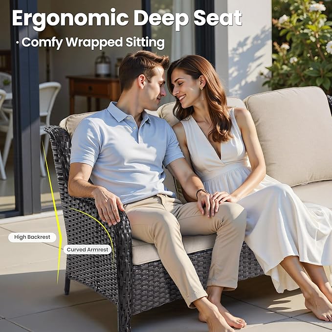 ovios 6 Pieces Patio Furniture Set, Outdoor Wicker Sofas with Glass Coffee Table and Comfy Cushions, All Weather High Back Couch Set for Deck Porch, Brown Rattan, Beige