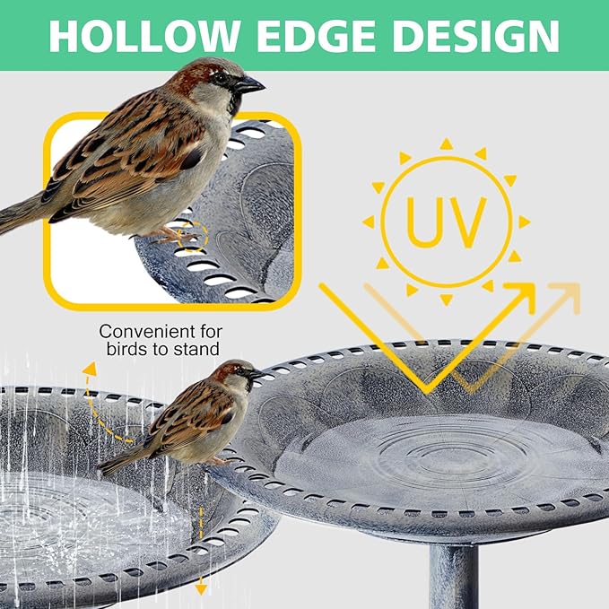 Bird Bath for Outside with 4 Removable Flower Planters 28in Polyresin Lightweight Vintage Birdbath for Outdoors Stake Standing Bowl and Water Feeder Yard Garden Decor Gray