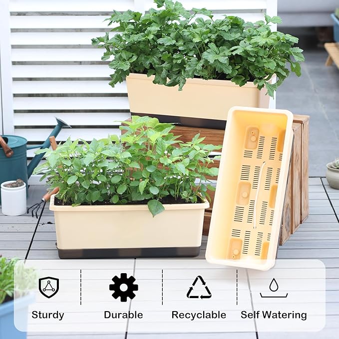 Window Box Planter 8 Pcs, 17 Inches Rectangle Flower Pots with Drainage Holes and Trays, Vegetable Planters for Windowsill Patio Garden Balcony Home Porch Yard Indoor Outdoor (Barley Yellow)