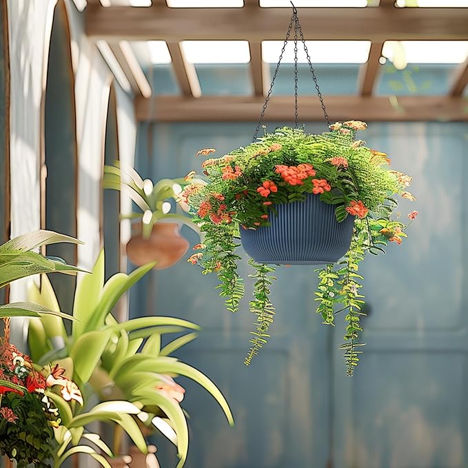 T4U 12 Inch Large Hanging Planters for Outdoor Plants, 2 Pack Self Watering Hanging Pots Indoor, Hanging Baskets for Plants,Hanging Flower Pot with Drainage Hole and Plant Hanger, Blue