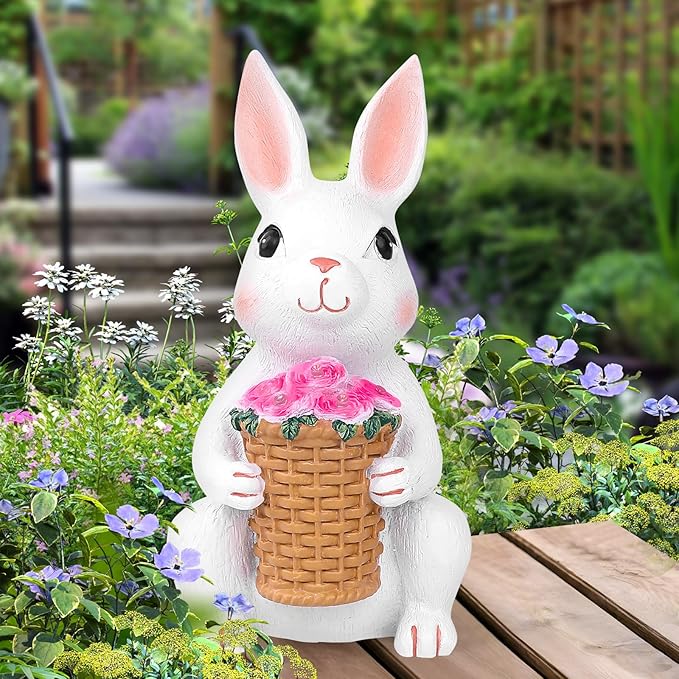 Brightever Solar Powered Garden Statues- Bunny Figurines for Spring & Easter Decor, Outdoor Rabbit Statue with Colorful LED Lights for Patio, Balcony, Lawn, Birthday Gifts for Women, Mom, Grandma