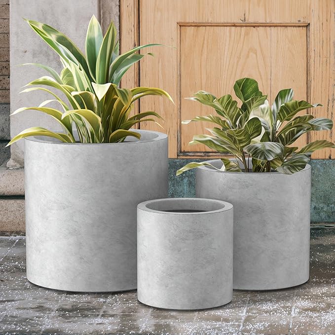 Kante 9.8",12.6",15.7" Dia Round Concrete Planter Set of 3, Modern Style Large Cylindrical Plant Pot with Drainage Hole and Rubber Plug for Indoor Outdoor Patio, Natural Concrete