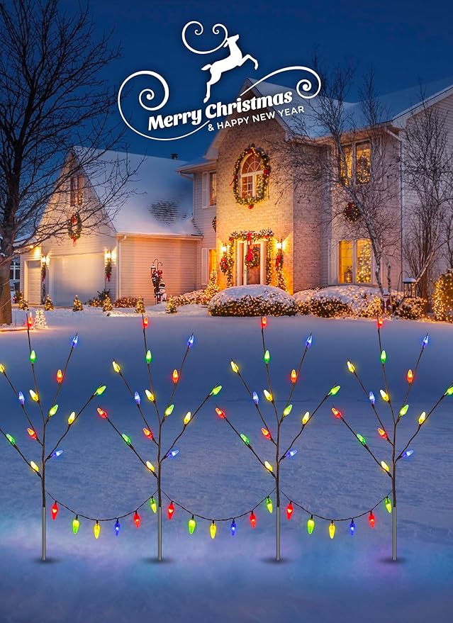 Brightown LED Twig Lights, 2 Sets Total 8 Packs Lighted Branches for Vases Plug in, C6 Driveway Christmas Lights, Outdoor Christmas Stems Outdoor Decorations Yard, Multicolor