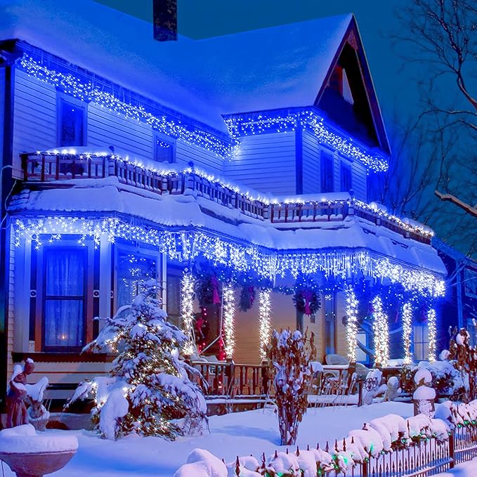 Christmas Icicle Lights Outdoor, 98FT 1216 LED Icicle String Lights with 8 Modes 228 Drops, Curtain Twinkle Lights for Bedroom House Holiday Party Wedding Decorations, Blue