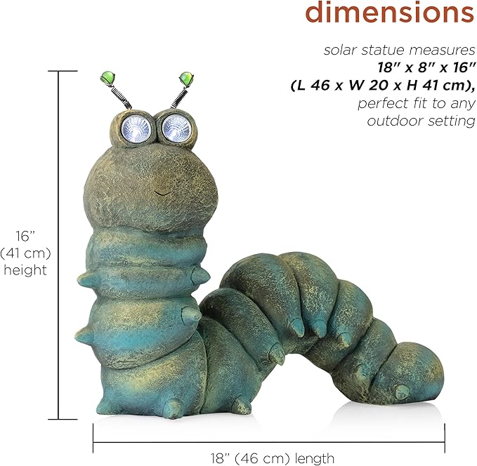 Alpine Corporation FCC121SLR Outdoor Solar Powered Garden Caterpillar Statue with LED Lights, LED Solar Garden Décor, 16"