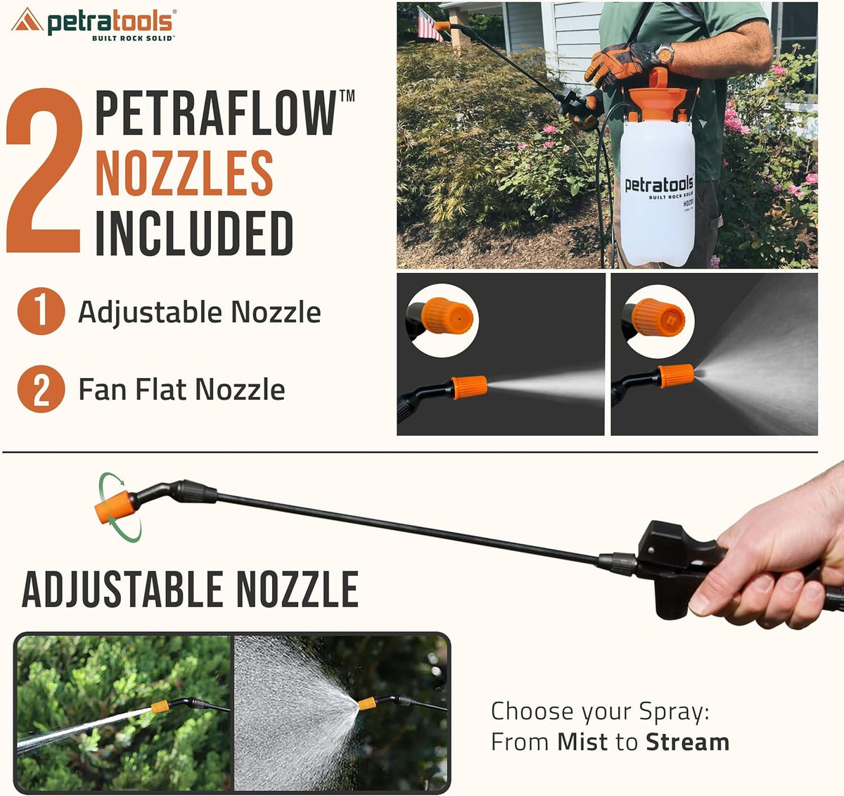Petratools 2 Gallon Pump Sprayer - HD201 Garden Sprayer for Weeds, Lawn Care & Pesticides - 52" Long Hose, 2 Nozzles & Easy Carry Handle - Durable & Lightweight