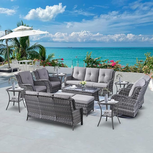 Wicker Patio Furniture Sets - 13 Piece Outdoor Rattan Furniture Conversation Sets with 4 Swivel Rocker Chairs, 2 Rattan Sofas, Wicker Ottomans and Coffee Table, Mixed Grey/Grey