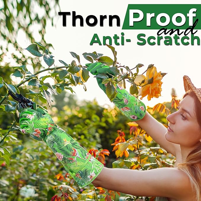 HANDLANDY Women Gardening Gloves, Thorn Proof Breathable Ladies Rose Pruning Long Gauntlet Floral Print Garden Yard Gloves, Gift for Gardeners (Green, S)