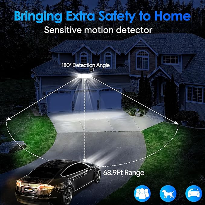 Energetic Solar Outdoor Lights, 1800LM 192 LED Security Motion Sensor Outdoor Lights with Remote Control, IP65 Waterproof Floodlight, 3 Head Motion Detected Spotlight for Garage, Pack of 2 (White)