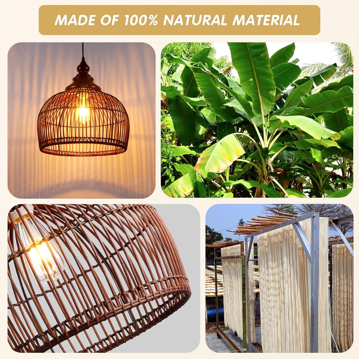 Rattan Pendant Light Kitchen Island, 15.8" Boho Dining Room Light Fixture Hand-Woven Wicker Chandelier Farmhouse Weaving Lighting Coastal Ceiling Hanging Lights for Living Room Restaurant