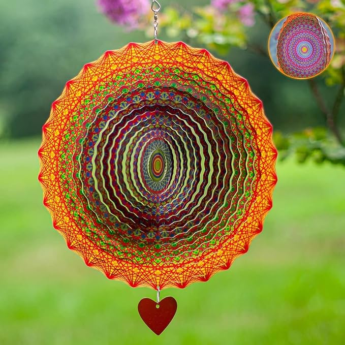 SteadyDoggie 12-Inch Wind Spinner Mandala Thangka - 3D Stainless Steel Laser Cut Metal Art - Reflective Geometric Pattern Kinetic Yard Decoration - Hanging Wind Spinners for Indoor and Outdoor Use