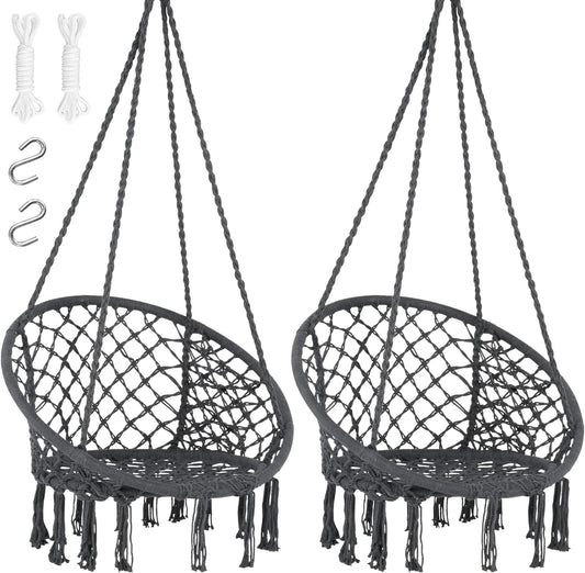 SUNCREAT Hammock Chair Hanging Macrame Swing with Hardware Kits, Max 330 Lbs, Handmade Knitted Mesh Rope Swing Chair for Indoor, Outdoor, Bedroom, Patio, Yard, Garden, Pack of 2, Grey