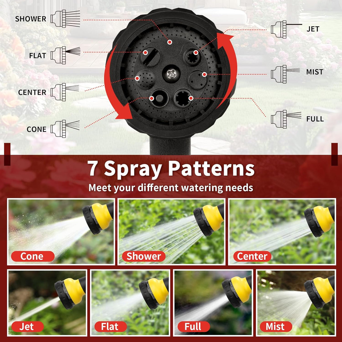 NEXCOVER Garden Hose Nozzle Sprayer - 7 Adjustable Watering Patterns Nozzle for Water Hose, Non-Slip Garden Spray Nozzle for Car Washing, Watering Plants, Pets Showering, Lawns Cleaning, Yellow