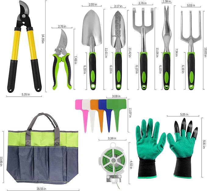 41-Piece Premium Gardening Tool Set, Stainless Steel Heavy Duty Gardening Tool Kit, with Non-Slip Rubber Grip, Storage Tote Bag, Outdoor Hand Tools, Ideal Gardening Gifts for All (Green/Grey)