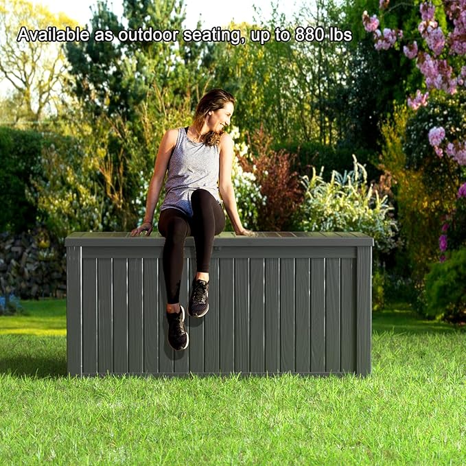 150 Gallon Resin Outdoor Deck Box Waterproof Patio Furniture, Garden Tools, Cushions, Pool Accessories Outside Storage (Black, 150 Gallon)