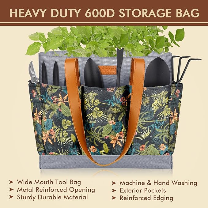 YAUNGEL Garden Tools - 10Pcs Garden Tool Set Heavy Duty Stainless Steel Gardening Supplies Hand Tools with Wooden Handle, Storage Tote Bag, Ideal Gardening Gifts for Women and Men, Black