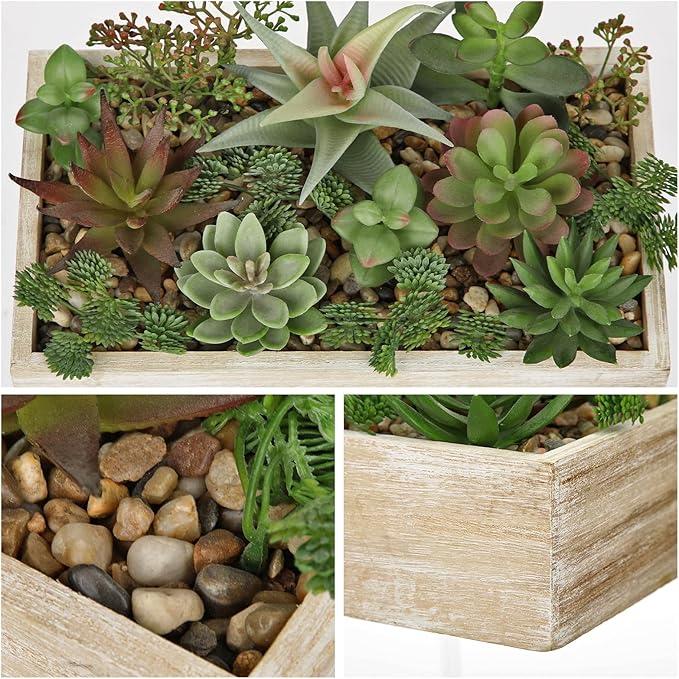 Artificial Succulent Plants in Pot 10 Inch Fake Succulent Arrangement Potted Succulents Plants Centerpiece in Rectangular Wooden Planter for Home Office Desk Shelf Living Room Bedroom Farmhouse Decor