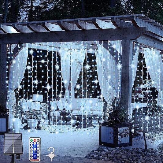 Upgraded Solar Curtain Lights Remote Control, Outdoor Garden Lights 300 LED 8 Modes Remote Control Waterproof Solar Waterfall Fairy String Lights Decoration for Patio Garden Party Wedding (Cool White)