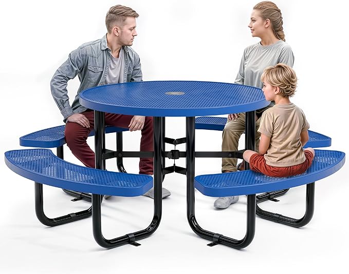 Metal Picnic Tables for Outdoors with Umbrella Hole - Coated Steel Heavy Duty Commercial Grade Table with Adjustable Seats (Blue, 46 in, Round, Punched Steel)