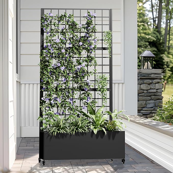 Casaphoria Metal Raised Garden Bed with Trellis and Wheels, 72"x35"x16" Planter Box for Climbing Plants, Vegetables & Vines, Features Drainage Holes and Privacy Screen (Black-Grid)