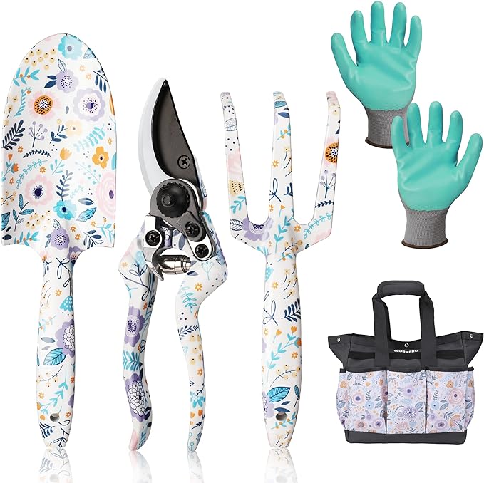 WORKPRO 5PCS Garden Tool Set, Aluminum Heavy Duty Gardening Tool Set with Garden Tool Bag, Outdoor Garden Hand Tools, Garden Gifts
