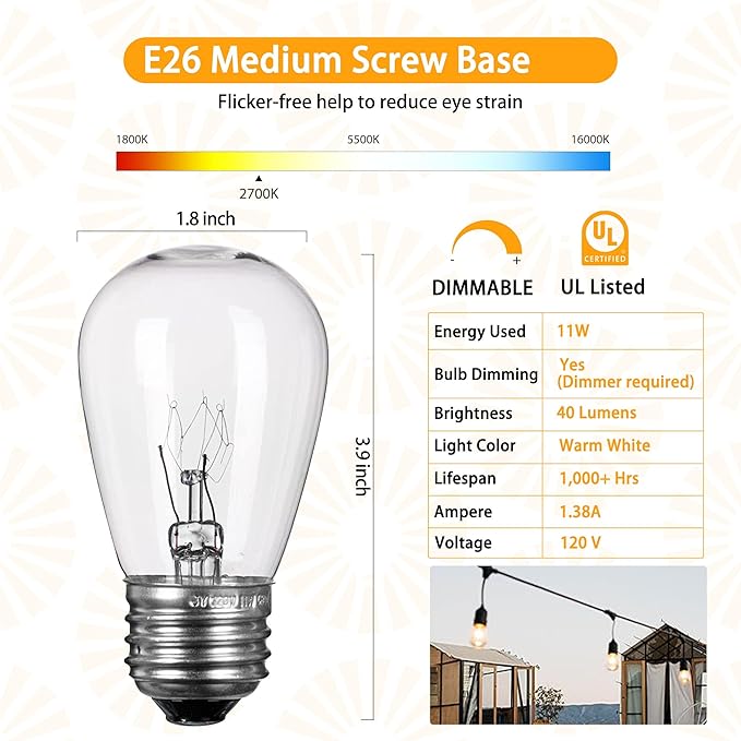 Moonflor 26 Pack S14 Light Bulbs, 11 Watt Replacement Incandescent Glass Bulbs with E26 Medium Base for Outdoor Patio Garden Vintage String Lights