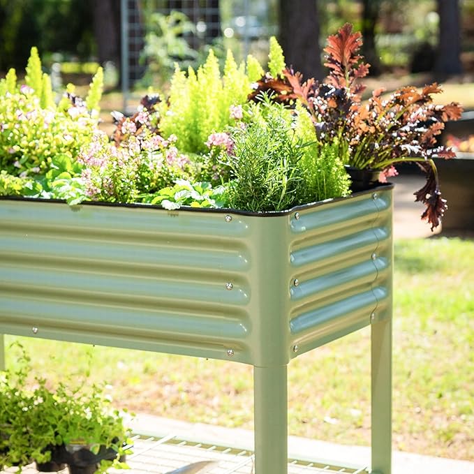 Rolling Elevated Raised Garden Bed-V Series, 2' x 8' Garden Beds with Legs & Storage Rack for Patio & Porch, 1400 Lbs Weight Capacity, Outdoor Planter Box for Vegetables Flower Herbs, Olive Green