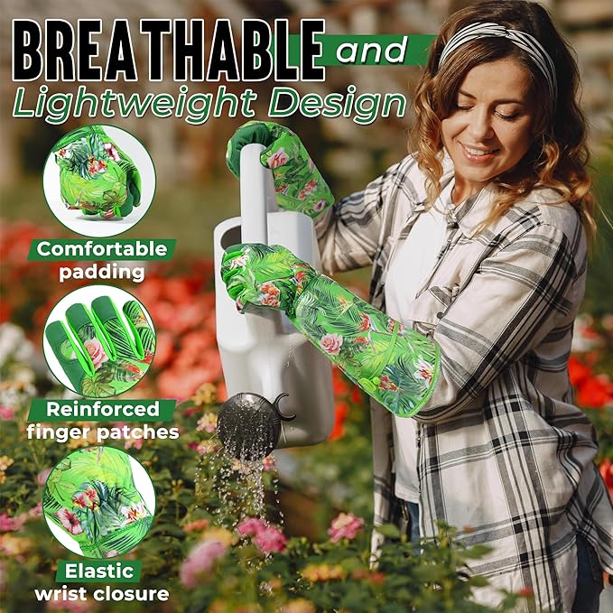 HANDLANDY Women Gardening Gloves, Thorn Proof Breathable Ladies Rose Pruning Long Gauntlet Floral Print Garden Yard Gloves, Gift for Gardeners (Green, S)