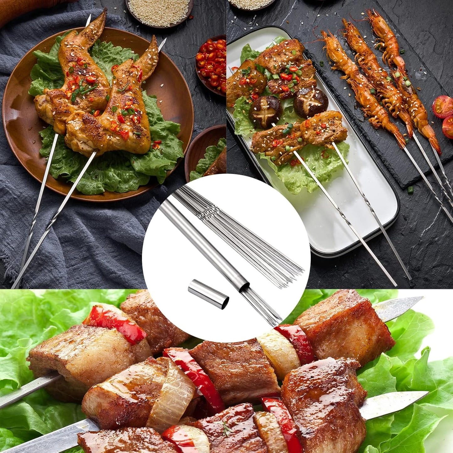304 Stainless Steel 14.8" Long Flat Barbecue Skewers,20PCS/40PCS BBQ Kebab Skewers with Portable Metal Storage Tube,Reusable for Grilling Barbecue Kitchen Party and Outdoor Cooking (20PCS)