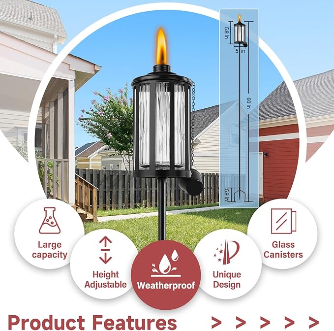 4 Pack Glass Citronella Torches, 16 oz Garden Torches for Outside with 3-Prong Grounded Stake, 55 inch Outdoor Clear Glass Flame Light Torch for Yard, Patio, Deck, Garden, Party, Landscape