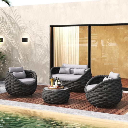 TWT Patio Furniture Sofa Set 4 Pieces Aluminum Outdoor Furniture w/27.8in Coffee Table,Patio Conversation Set with Dark Grey Textilene Rope Grey Cushions for Sunroom Backyard Poolside Indoor