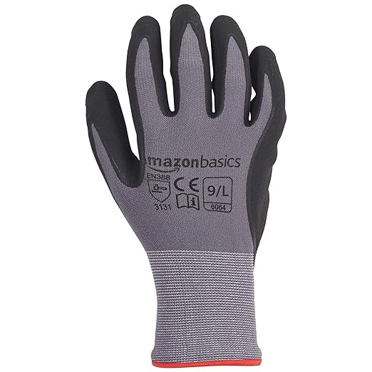 Amazon Basics Micro-Foam Nitrile Coated Work Gloves, Nylon Liner Fiber, Touch Screen, Grey, Size 9/L, 12 Pairs