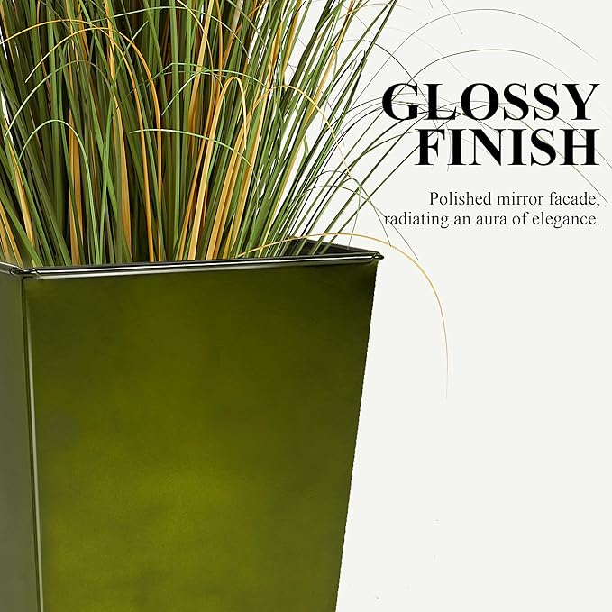 WORTH Garden 25" Large Metal Glazed Planter Set of 2, Luxurious Glossy Finish Green Tall Square Tapered Steel Plant Pots, Decor Flower Pot Indoor & Outdoor, Drainage Hole & Dual-Purpose Plant Saucer