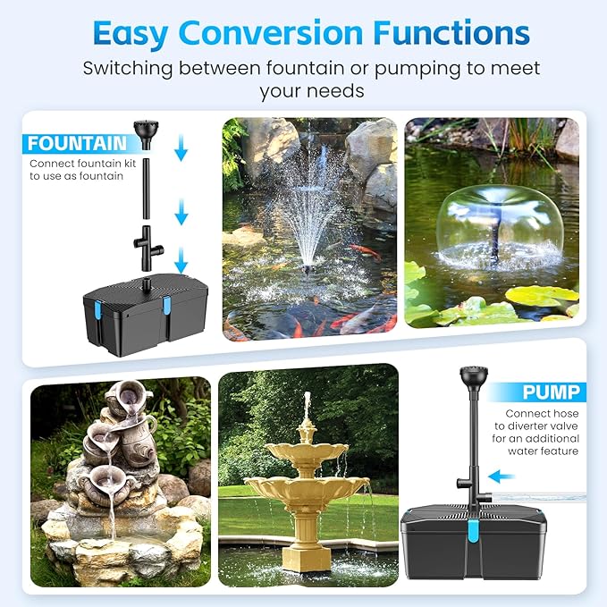 Pond Filters for Outdoor Ponds, 820 GPH Pond Filter with Fountain Pump Kits, 60W Pond Pump and Filter Kit for Koi Pond Clean, Garden Fountains, Waterfall