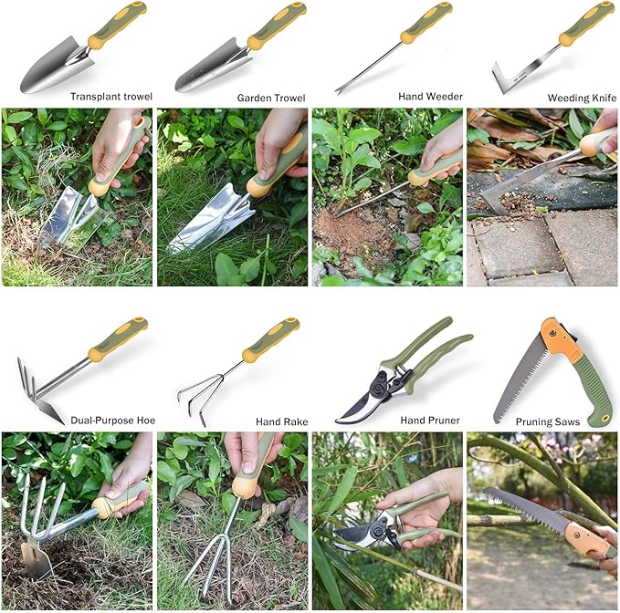 Garden Tool Set, WisaKey 9 Piece Stainless Steel Heavy Duty Gardening Tools with Handle, Durable Garden Tool Bag, Ideal Gardening Hand Tools, Gardening Gifts for Women and Men White Elephant Gifts