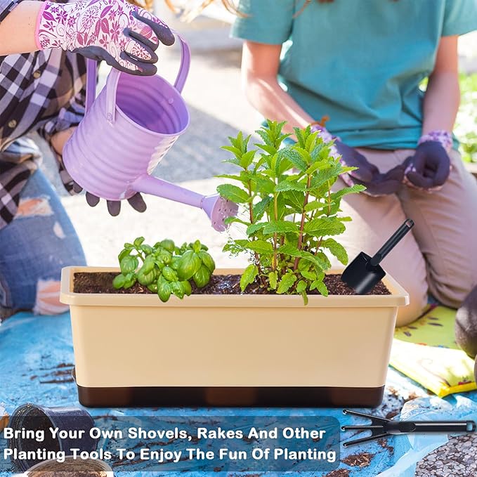Window Box Planter 8 Pcs, 17 Inches Rectangle Flower Pots with Drainage Holes and Trays, Vegetable Planters for Windowsill Patio Garden Balcony Home Porch Yard Indoor Outdoor (Barley Yellow)