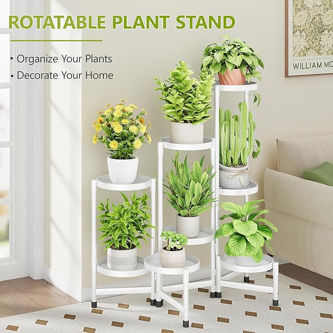 8 Tier Metal Plant Stand Indoor, Rotatable Corner Plant Shelf Outdoor, Tiered Flower Pot Display Stand, Multiple Plants Holder for Patio Living Room Balcony Garden Home Decor - White