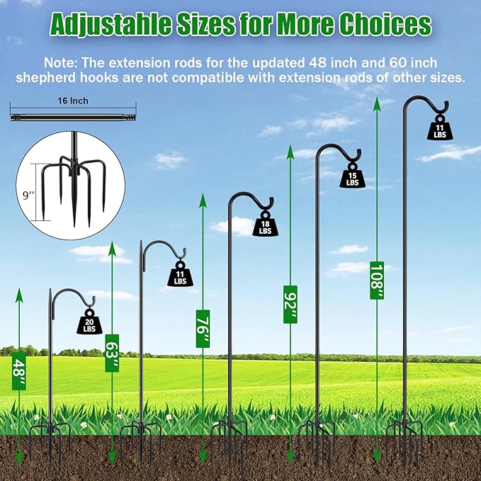 FEED GARDEN Short Shepherds Hooks for Outdoor, 48 Inch Bird Feeder Pole with 5 Prongs Base, Heavy Duty Shepherds Hook Garden Hook for Hummingbird Feeder, Hanging Lantern, Plant Baskets,1 Pack