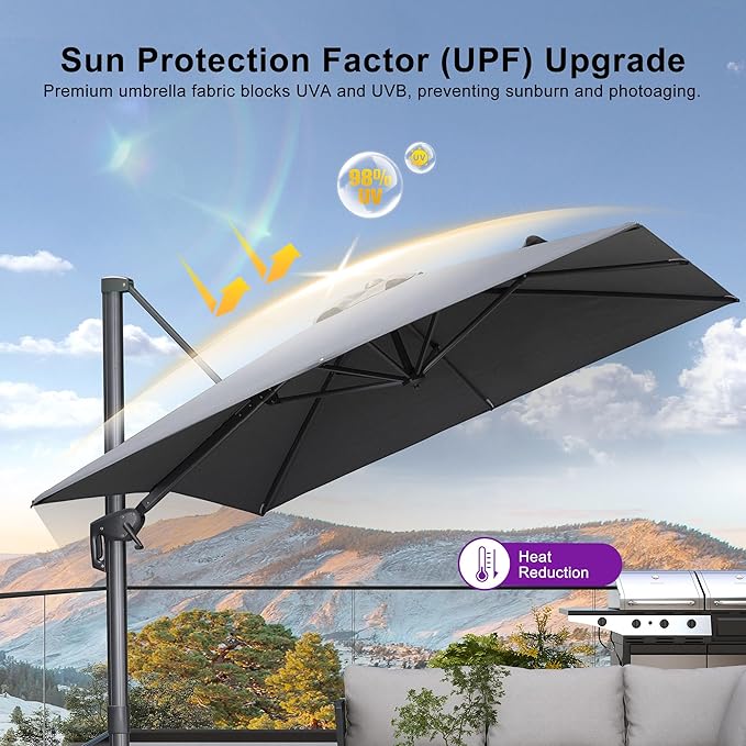 PURPLE LEAF 8 FT Cantilever Patio Umbrella Outdoor Aluminum Offset Square Umbrella with 3 Years Fade Resistance Recycled Fabric and 360-degree Rotation for Deck Pool Garden, Mist Grey