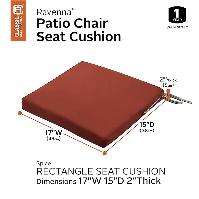 Classic Accessories Ravenna Water-Resistant 17 x 15 x 2 Inch Patio Seat Cushion, Spice, Chair Seat Cushion