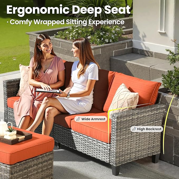 ovios 7 Pieces Patio Furniture Set with 42" Fire Pit Table, Outdoor Wicker Sofa with Swivel Chairs, All Weather High Back Rattan Couch Conversation Set, Orange Red