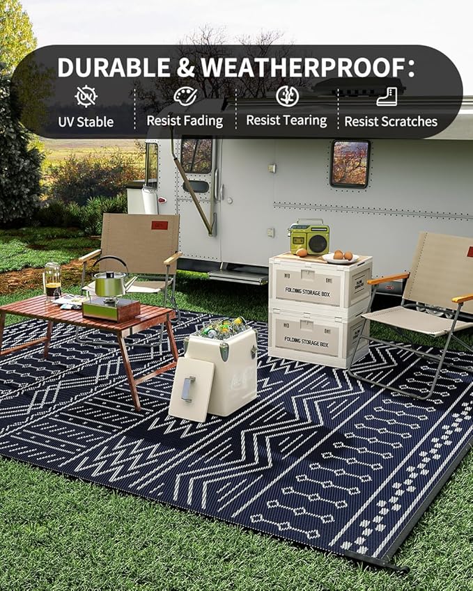 Outdoor Rug Carpet Waterproof 5x8 ft Patio Rug Mat Indoor Outdoor Area Rug for RV Camping Picnic Reversible Lightweight Plastic Straw Outside Rug for Patio Decor Decoration Boho Rug Navy Blue White