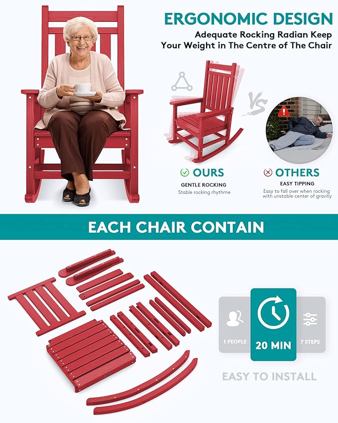 SERWALL Oversized Rocking Chair, Outdoor Rocking Chair Set for Adults, All Weather Resistant Porch Rocker for Lawn Garden, Red