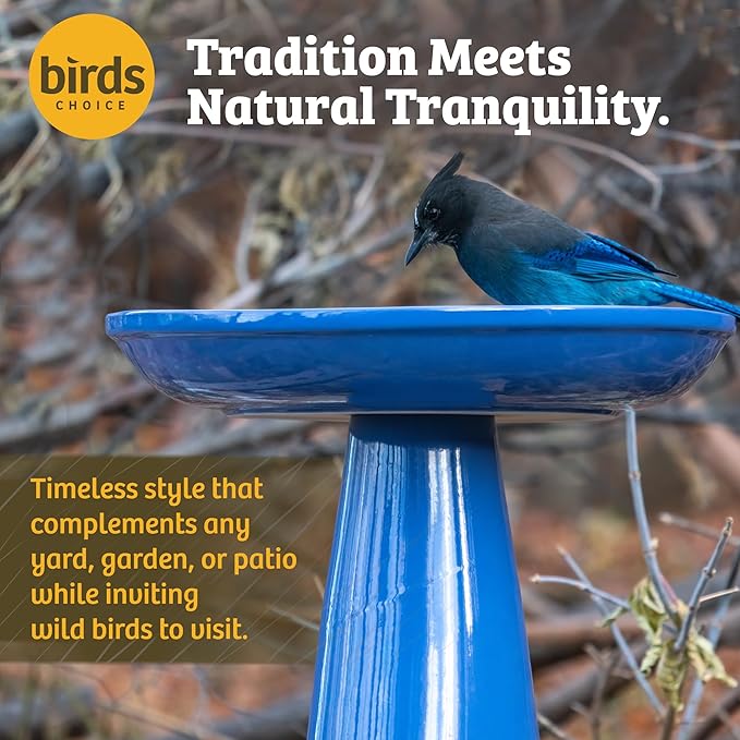 Birds Choice Ohio Stoneware Bird Bath | Pedestal Bird Bath, Stable Locking Top | Weather-Resistant Ceramic Clay, Glazed Finish | Outdoor Garden & Patio Decor | 22" H x 17" D, Summer Green