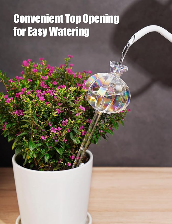 NiHome Cactus-Shaped Glass Plant Self-Watering Globes 6-Pack, Glass Waterer Stakes for Potted Plants, Automatic Mini Irrigation System, Adorable Gardening Tool (Iridescent, 3 Large + 3 Medium)