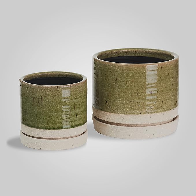 6 + 8 Inch Plant Pots, Ceramic Planter Pot with Drainage Hole & Saucer, Indoor/Outdoor Cylinder Round Planter Pot, Green