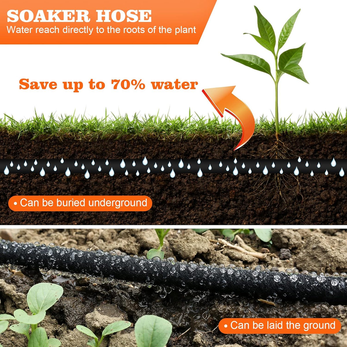 Soaker Hose 50 FT for Garden 1/2" Diameter Irrigation Hose Save 70% of Water Solid Brass Interface Eminently Suitable for Lawn and Garden Beds Cover