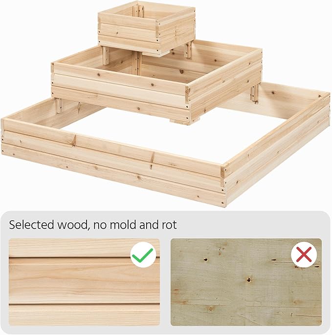 Yaheetech 3 Tier Wooden Raised Garden Bed 44.5'' L×44.5W×20.5×H, Horticulture Open-Bottom Planter Raised Garden Bed for Flowers/Herbs/Vegetables Planter Flower Box
