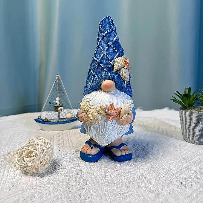 Outdoor Garden Sea Gnome Statue Decoration Indoor Outdoor Resin Beach Gnome Sculpture for Home Office Desktop Bathroom, Summer Pool Decoration Outdoor Gifts (Carrying Bucket of Shells)