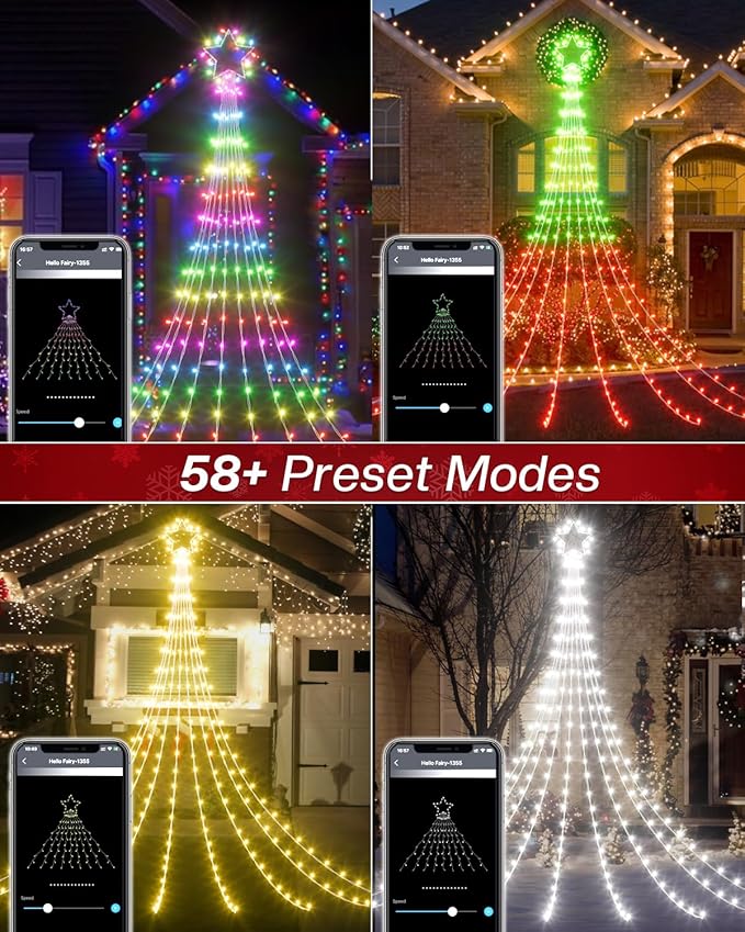 Smart Outdoor Waterfall Lights for Valentines Day, 11.8FT App & Remote Controlled Yard Light, Customizable LED Colors Music Sync, 58+ Dynamic Modes Weatherproof String Lights for Romantic Room Decor
